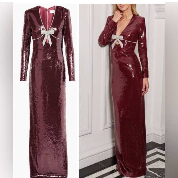 REBECCA VALLANCE x Nicky Hilton Zelda Gown Burgundy Sequined Maxi Bow Dress - Picture 1 of 6